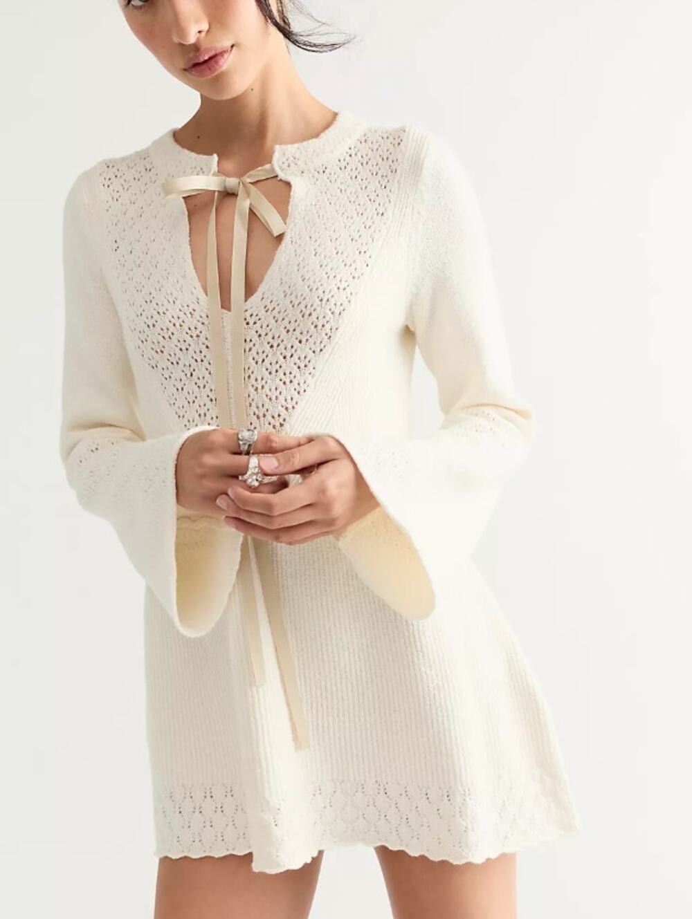 Free People Bali Old Flame Ivory Sweater Mini Dress M
